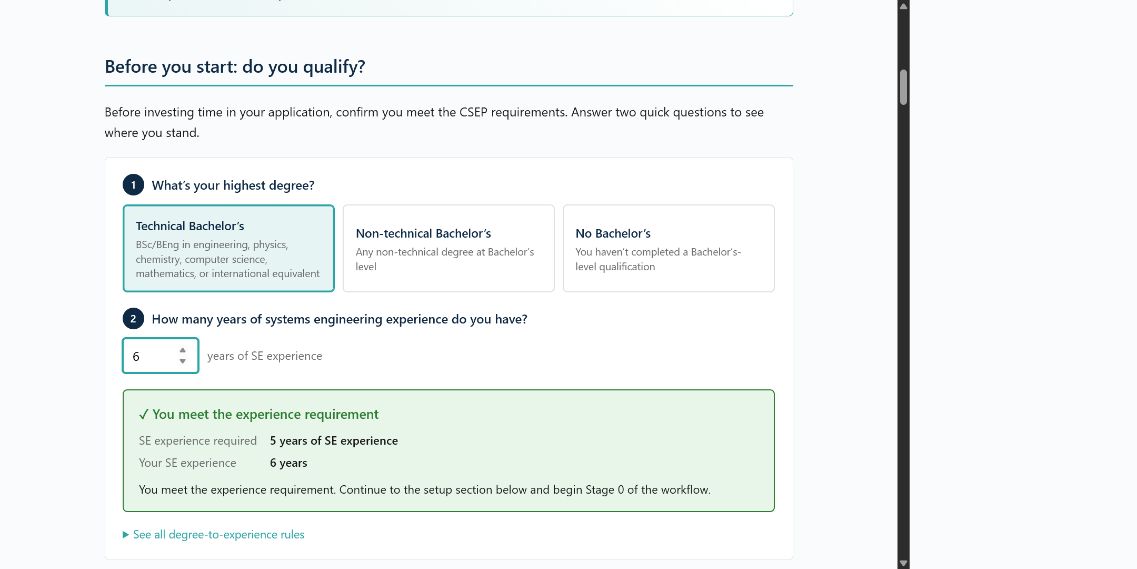 CSEP Helper eligibility checker showing a technical degree route and six years of systems engineering experience