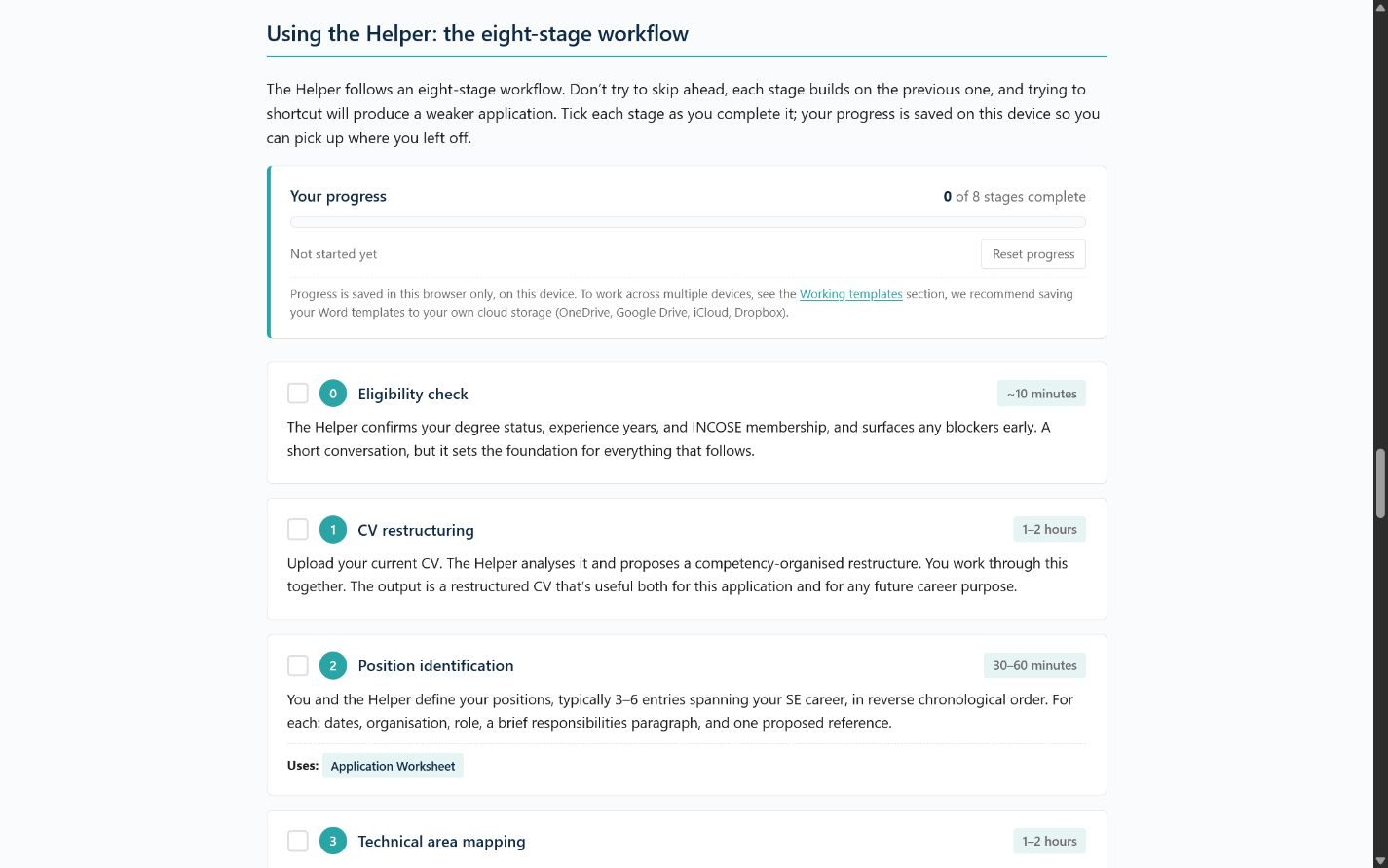 CSEP Helper workflow tracker showing the first four stages and progress control