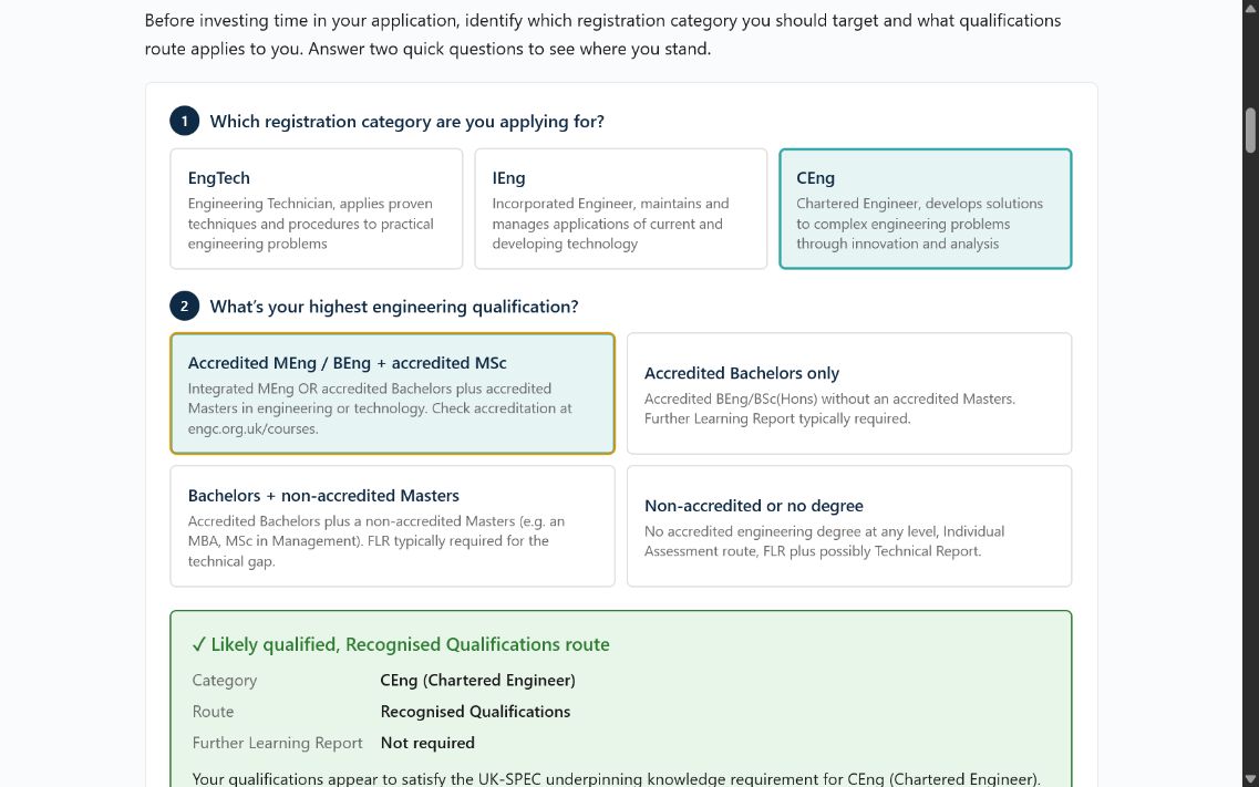 Professional Registration Helper category and route checker showing a recognised qualifications route for CEng