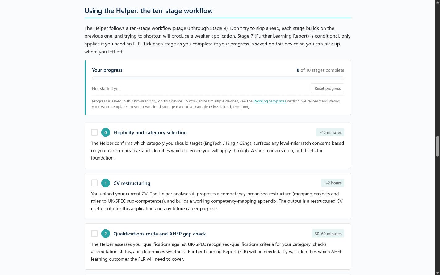 Professional Registration Helper ten-stage workflow and saved progress tracker
