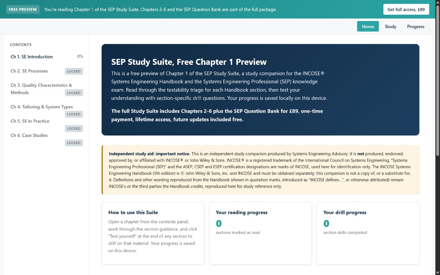 SEP Study Suite dashboard with six chapters, progress cards and Chapter 1 availability