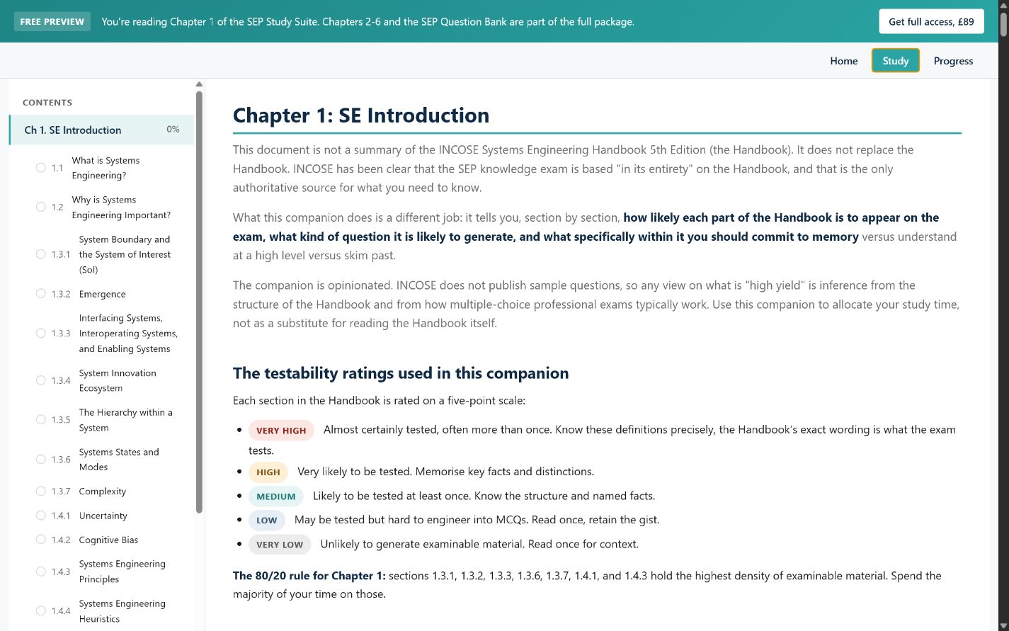 SEP Study Suite Chapter 1 view with contents navigation and testability ratings